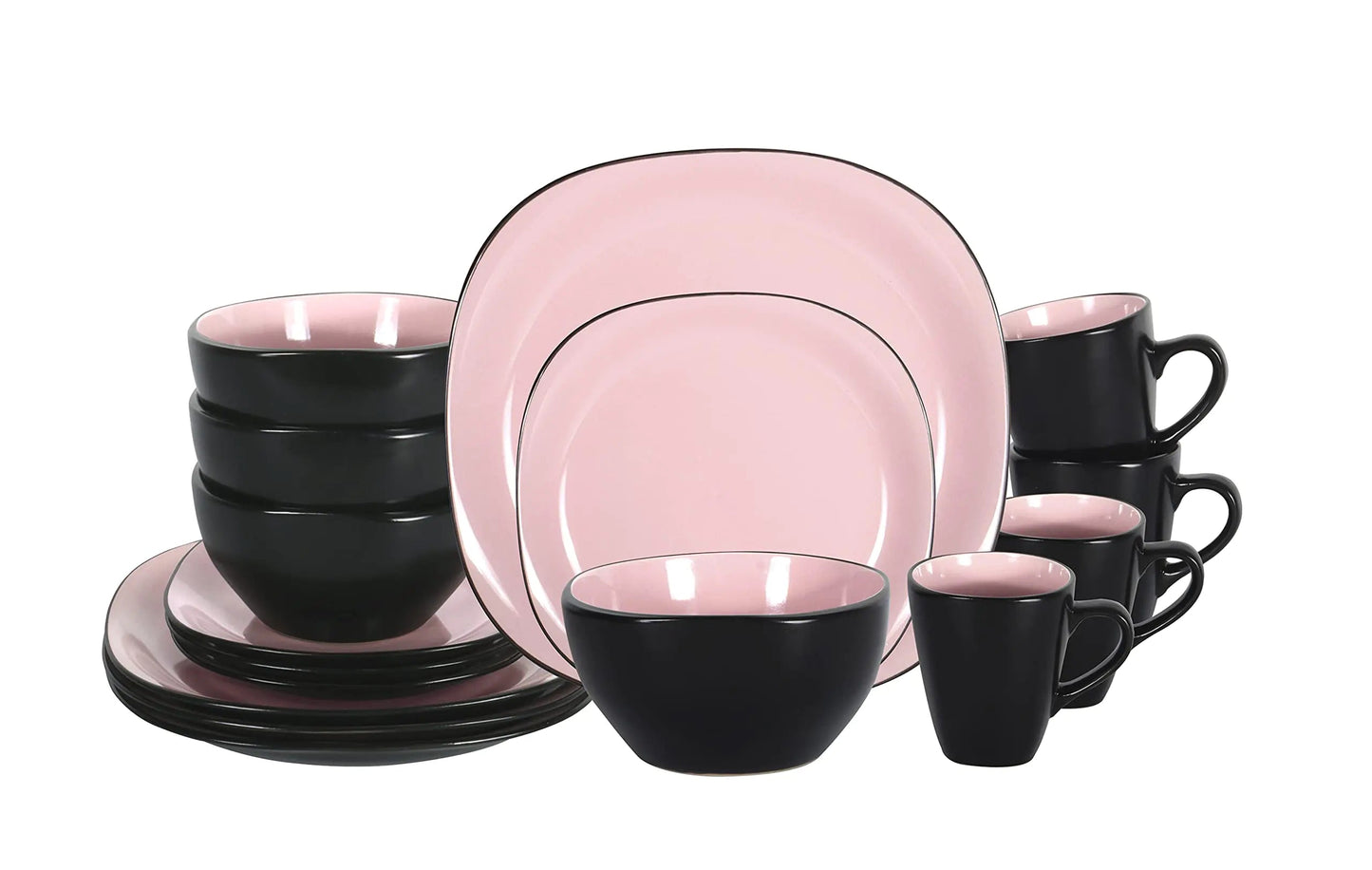 HomeVss Square Stoneware 16pc Dinnerware Set Inside Shiny Rose + Outside Matte Black - Black & Rose Service for 4 - 16pc Set - dinnerware
