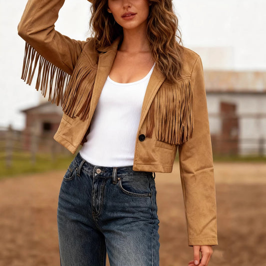 Solid Color Women's Temperament Tassel Edge Decoration Short Casual Jacket - - 4