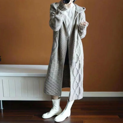 Fall Winter Women Knitted Cardigans Casual Hooded Long Sweaters Gray