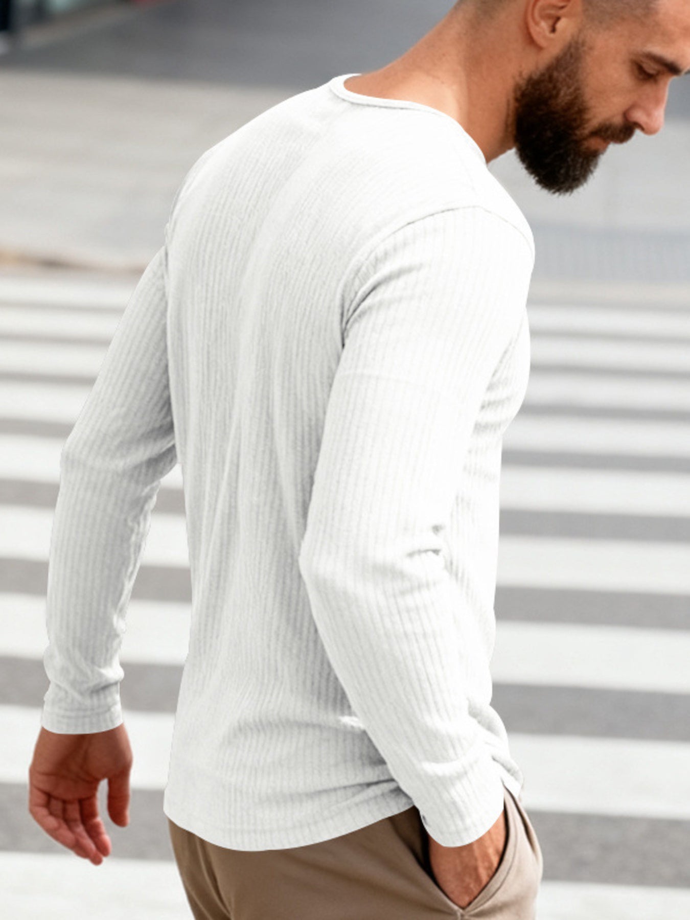 Men's Full Size Casual Ribbed Long Sleeve T-Shirt Plus Size - -