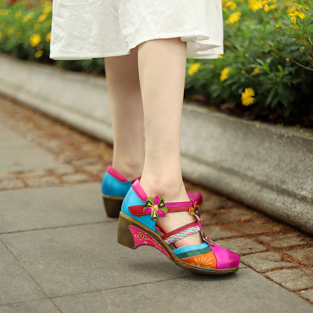 Retro Bright Flower Contrast Color Velcro Wedge - - 0