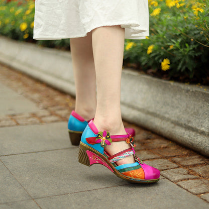 Retro Bright Flower Contrast Color Velcro Wedge - - 0