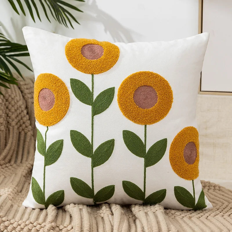 Flower Pillow Cover Embroidered Canvas Wool 18*18 Inch