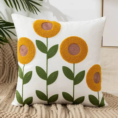 Flower Pillow Cover Embroidered Canvas Wool 18*18 Inch tan white