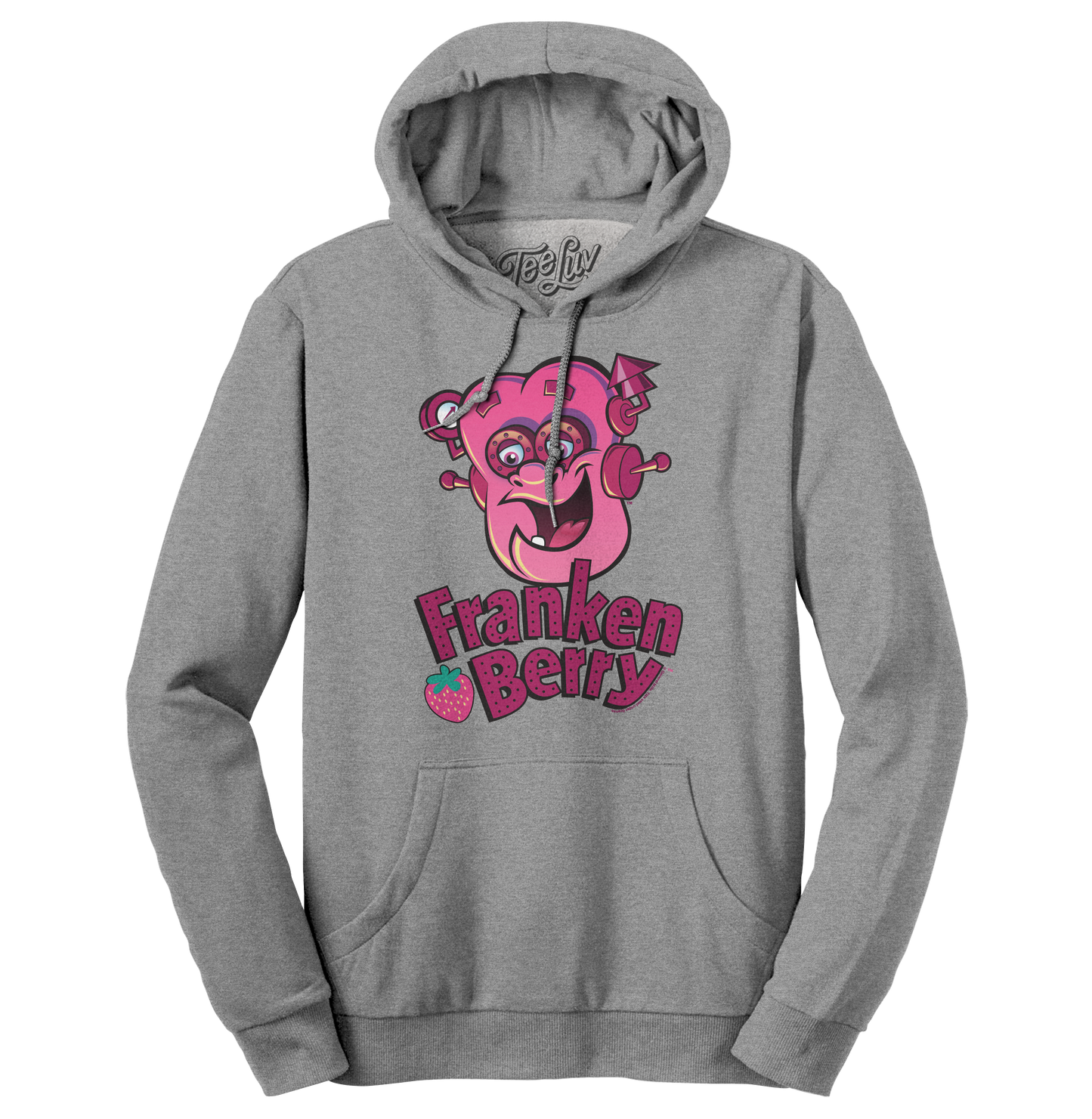 Franken Berry Monster Cereal Mascot Hooded Sweatshirt - Oxford Gray- Tee Luv- {{Product type}}