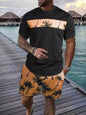 Men's Full Size Tropical Palm Tree Tee and Shorts Set Plus Size - Caramel -