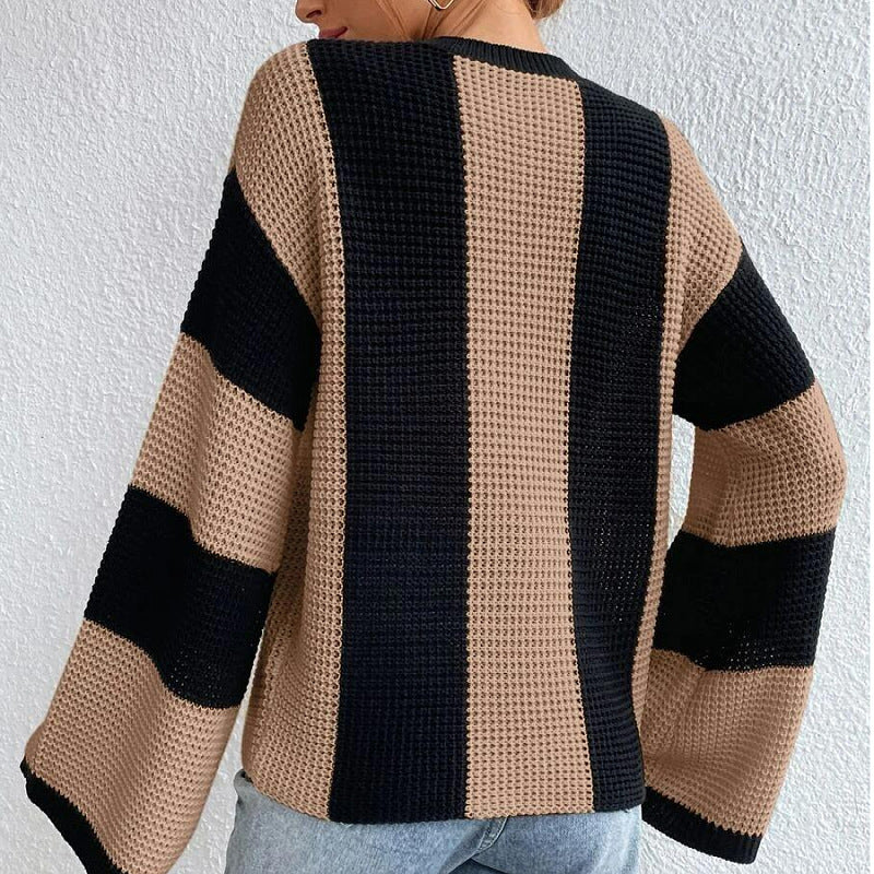 Oversize Knitted Casual Color Blocking Design Women Knitted Pullover Sweater