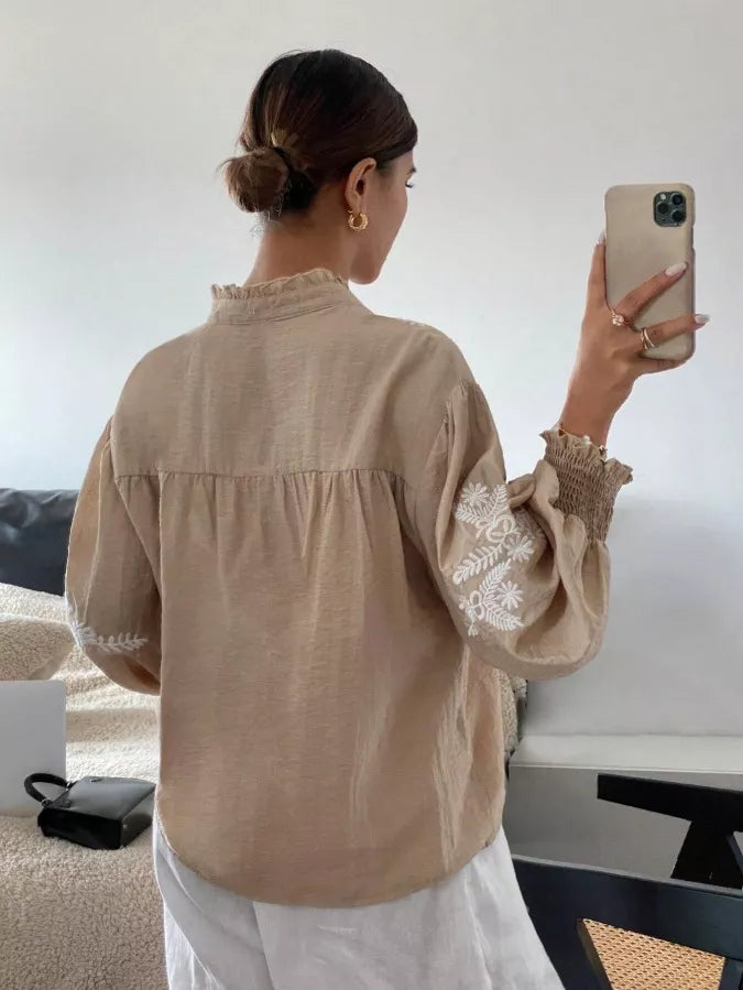 Embroidered Notched Long Sleeve Blouse - -