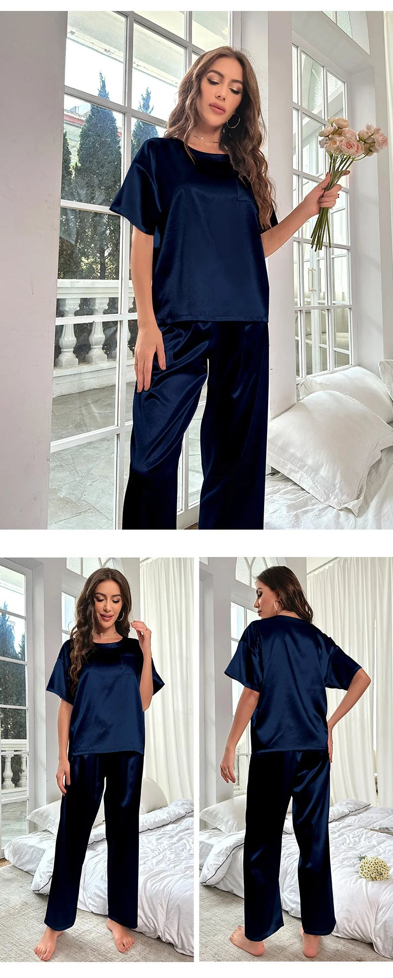 Satin Pajamas Set for Women 2Pcs Women Short Sleeve Shirt Long Pant With Pocket