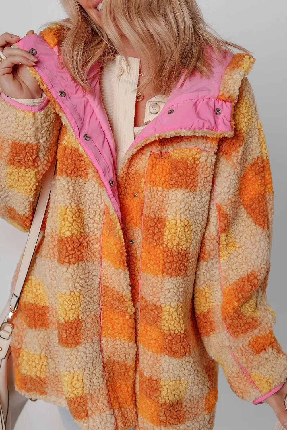 Checkered Long Sleeve Sherpa Hooded Jacket - -