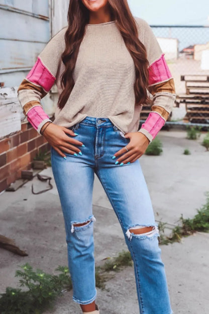 Color Block Round Neck Long Sleeve Sweater - -