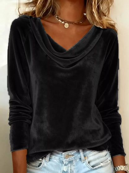 Velvet Cowl Neck Long Sleeve Top - -