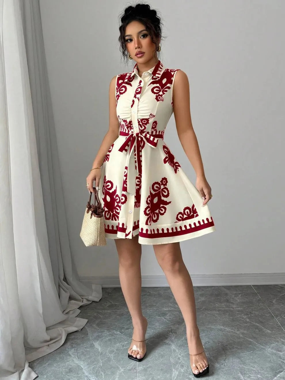 Printed Sleeveless Button Front Dress - -