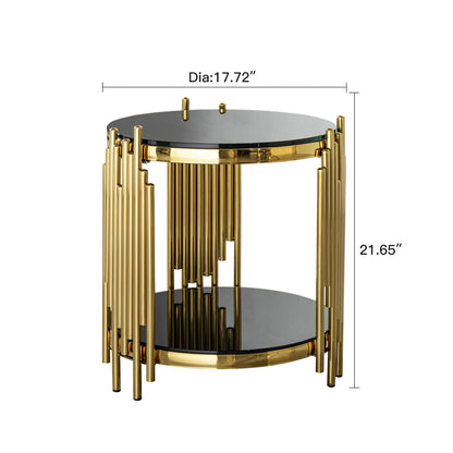 Elegant Round Table With Double Layer Tempered Glass Top And Stainless Steel Frame For Living Room - - Side Tables