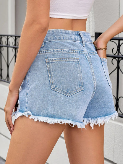 Distressed Raw Hem Denim Shorts - -