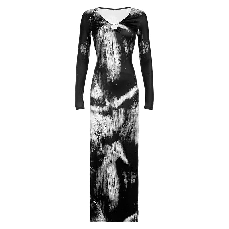 Retro Chinese Style Ink Print Dress - - dress
