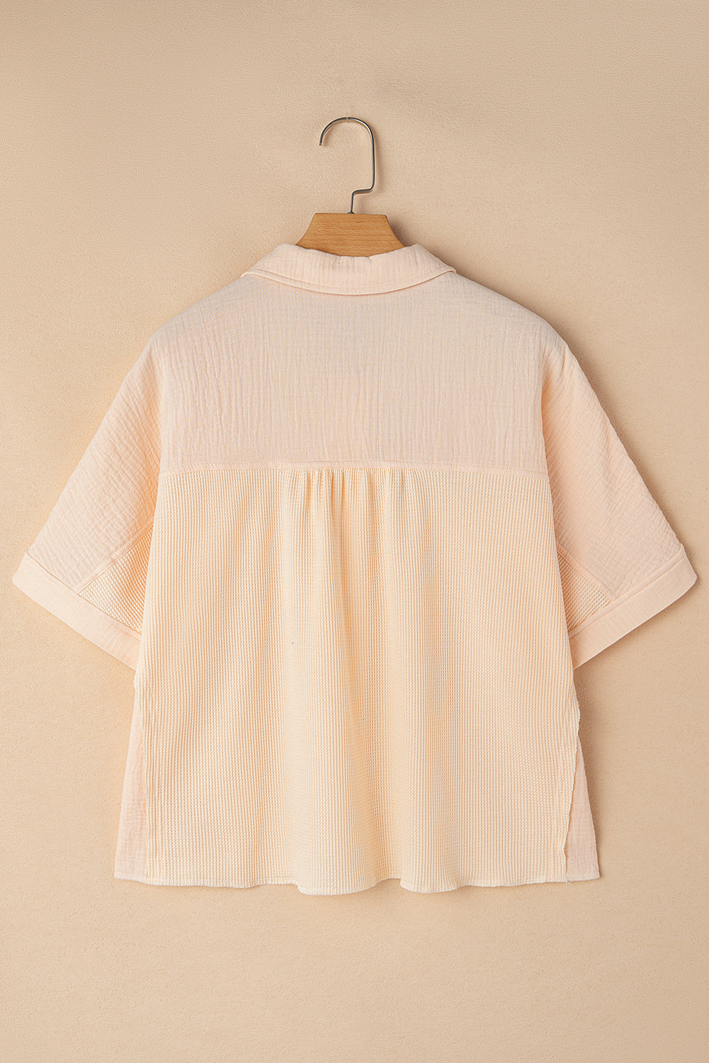 Beige Waffle Splicing Short Batwing Sleeve Flap Detail Shirt - - Tops/Blouses & Shirts