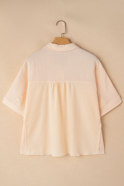 Beige Waffle Splicing Short Batwing Sleeve Flap Detail Shirt - - Tops/Blouses & Shirts