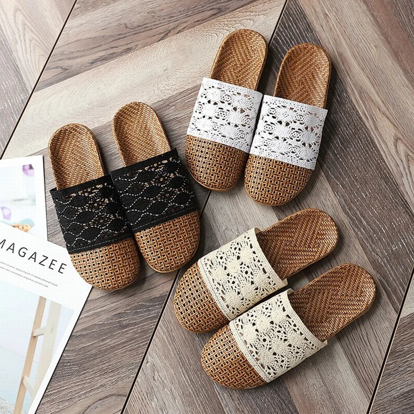 Rattan Mat and Lace Linen Slippers Women Summer Sandals