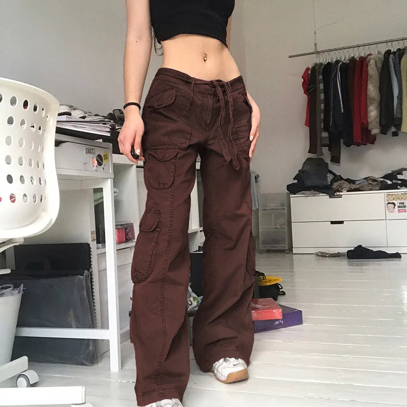 Y2K Pockets Cargo Pants Straight Oversize Pants Low Waist Wide Leg Baggy Jeans