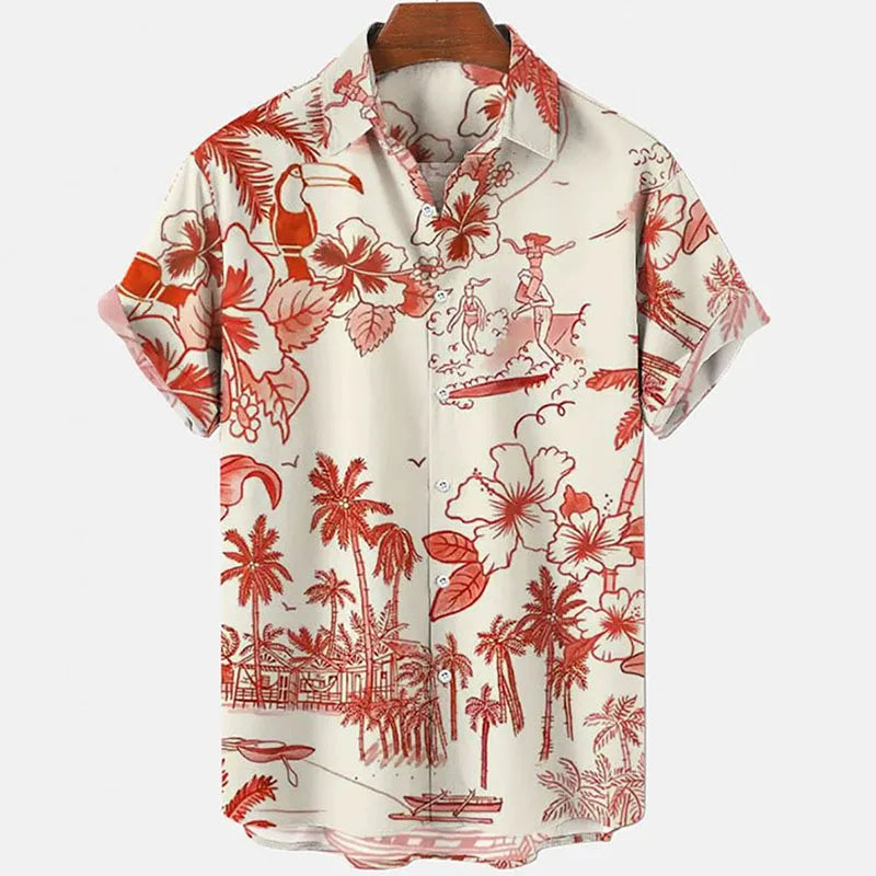 Mens Floral Chinese Style Shirt Short Sleeve Hawaiian Shirts Quick Dry Shirt