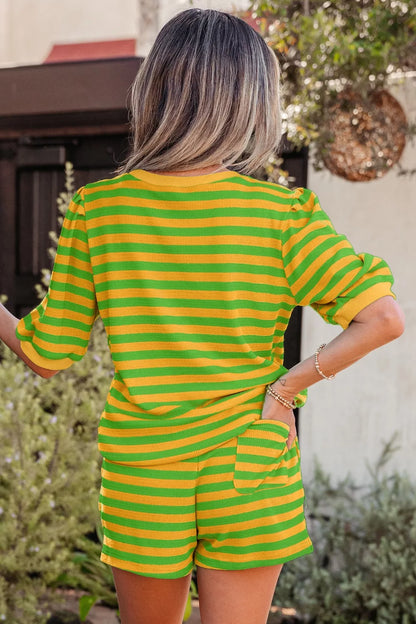 Striped Puff Sleeve Top and Drawstring Shorts Set- Shopimist- {{Product type}}