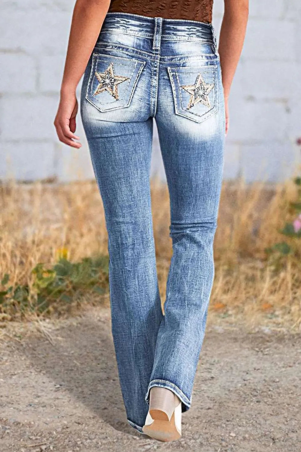 Star Embroidered Bootcut Jeans - -