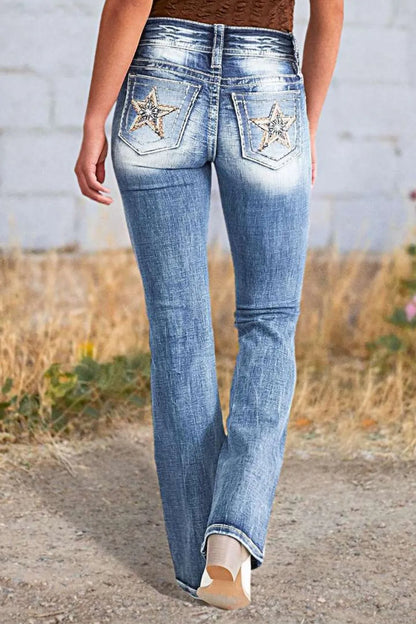 Star Embroidered Bootcut Jeans - -
