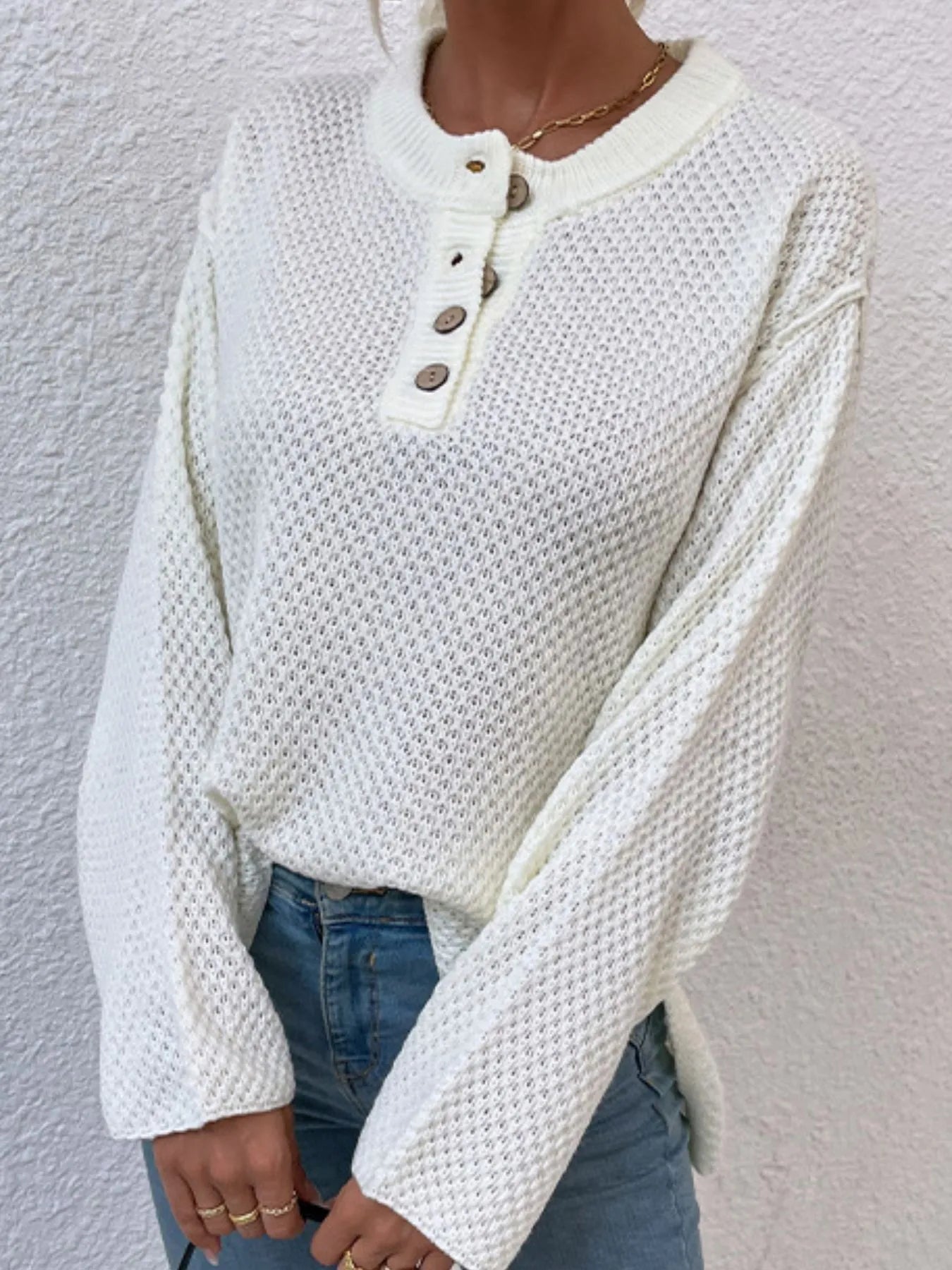 Button Detail Long Sleeve Knit Top - -