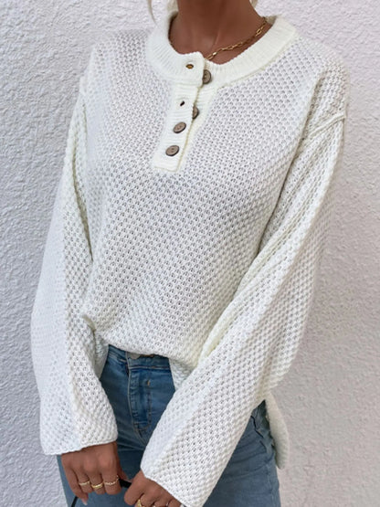 Button Detail Long Sleeve Knit Top - -