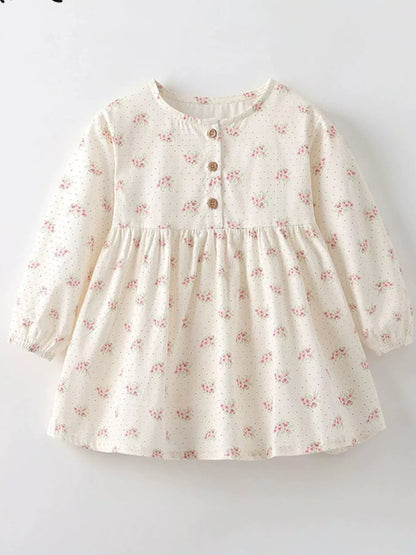 Children's Floral Print Long Sleeve Casual Dress - -