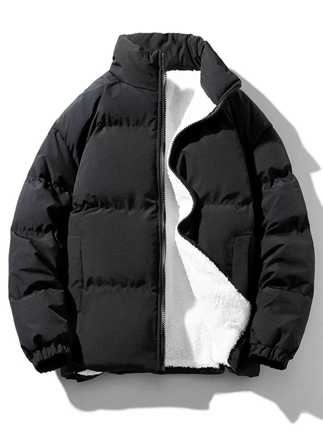 Men's Plus Size Zip Up Sherpa Lined Puffer Jacket - Black -