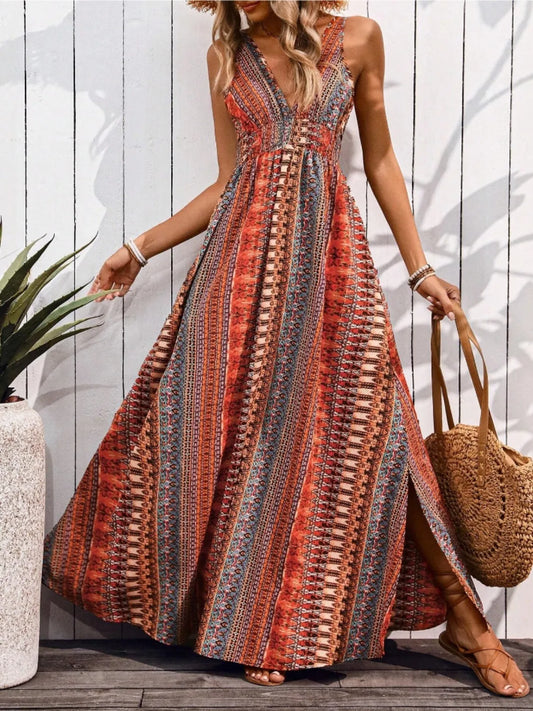 Tied Back Printed Sleeveless Maxi Slit Dress - Orange-Red -