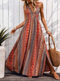 Tied Back Printed Sleeveless Maxi Slit Dress - Orange-Red -