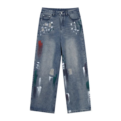 Washed Distressed Wide-Leg Jeans - -