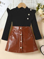 Children's Ruffled Trim Ribbed Top & Faux Leather Skirt Set - Black -