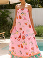 Printed Strapless Summer Maxi Dress - Pink -