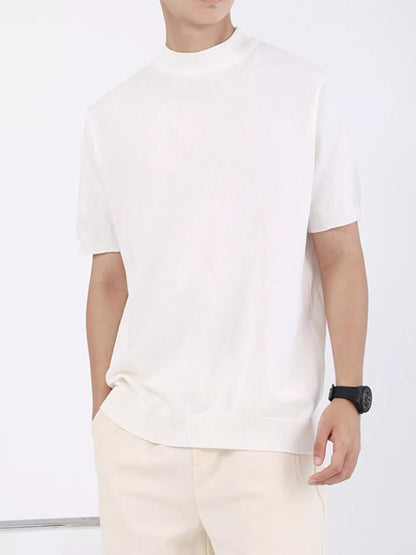 Men's Plus Size Mock Neck Knitted T-Shirt - White -