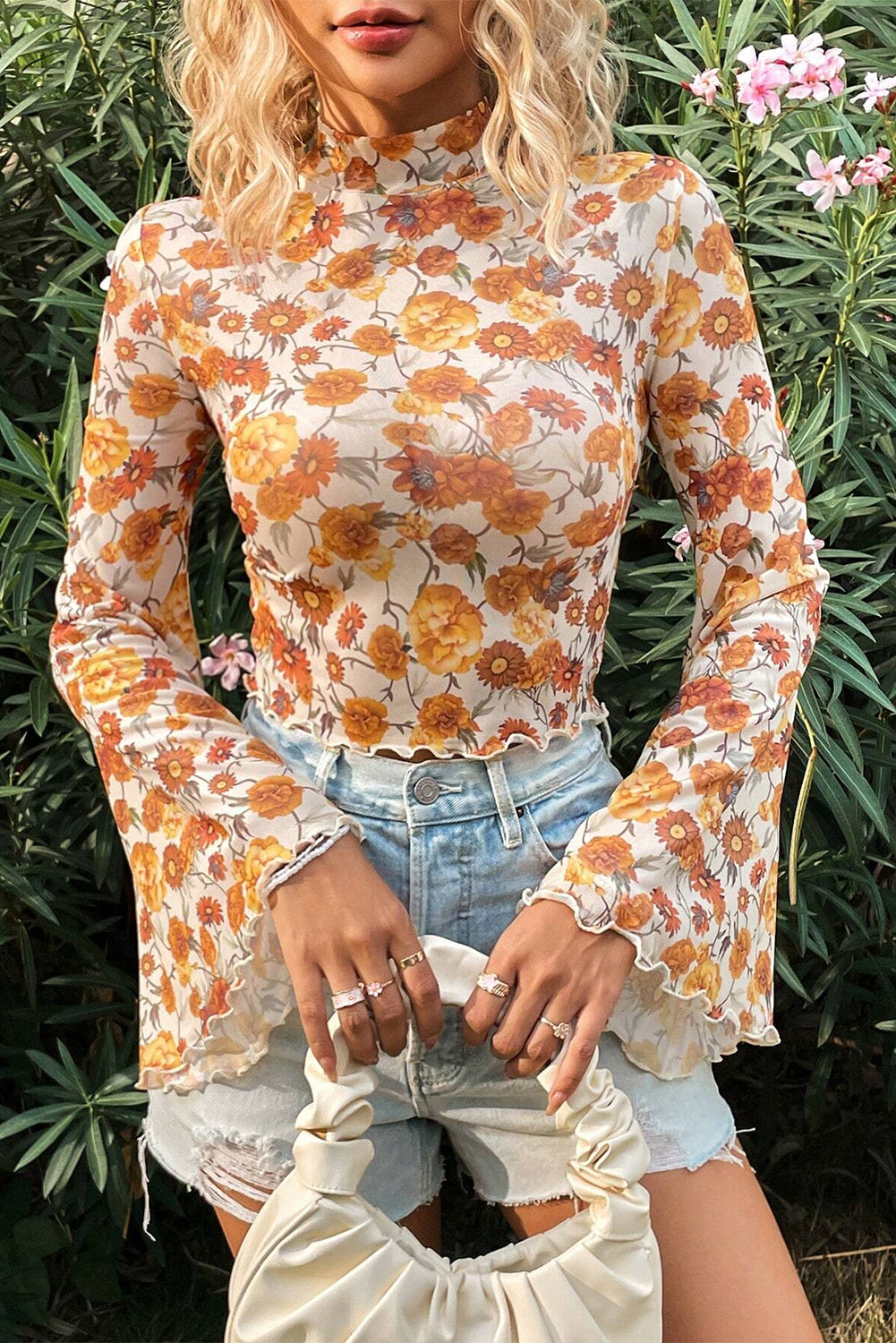 Orange Floral Printed Bell Sleeve Mock Neck Scallop Trim Blouse - - Tops/Blouses & Shirts