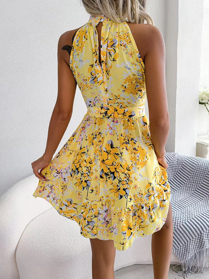 Spring and Summer New Temperament With Flounced Hem Floral Dress Chiffon