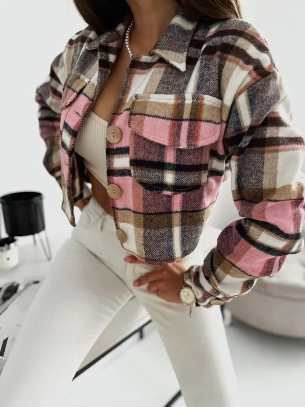 Pocketed Collared Neck Long Sleeve Plaid Jacket - -
