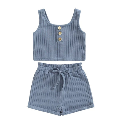 Solid Color Tank and Ribbed Drawstring Shorts Set Blue