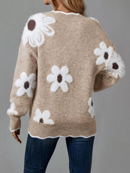 Floral V-Neck Long Sleeve Sweater - -