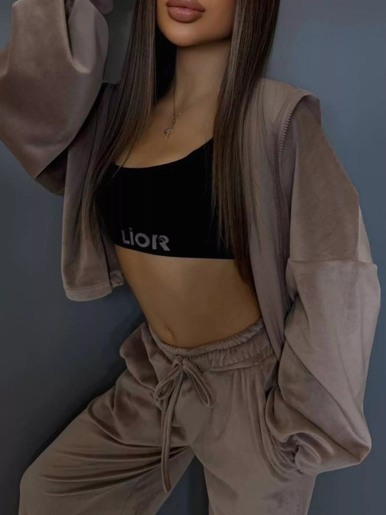 Zip Up Cropped Outerwear and Pants Set - -