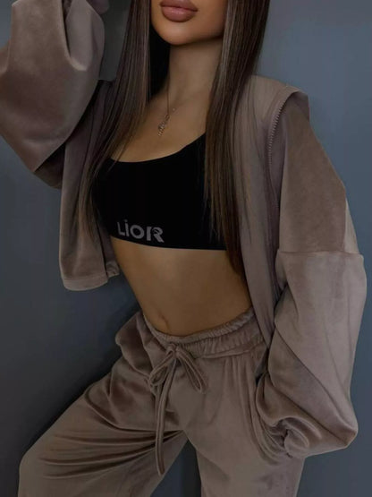 Zip Up Cropped Outerwear and Pants Set - -