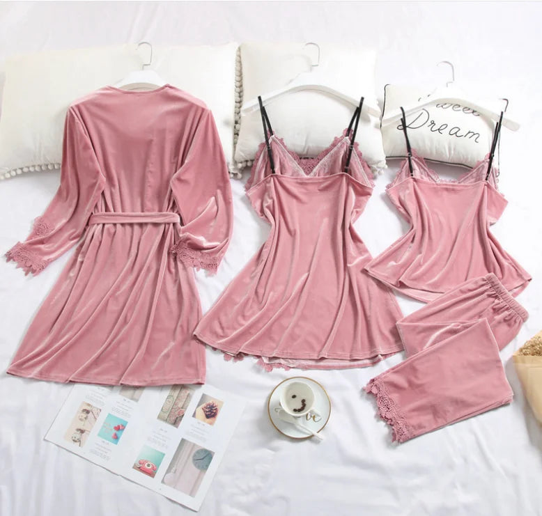 Velvet 4 Pieces Warm Winter Pajamas Sets Sleepwear Kit Sleeveless Nightwear