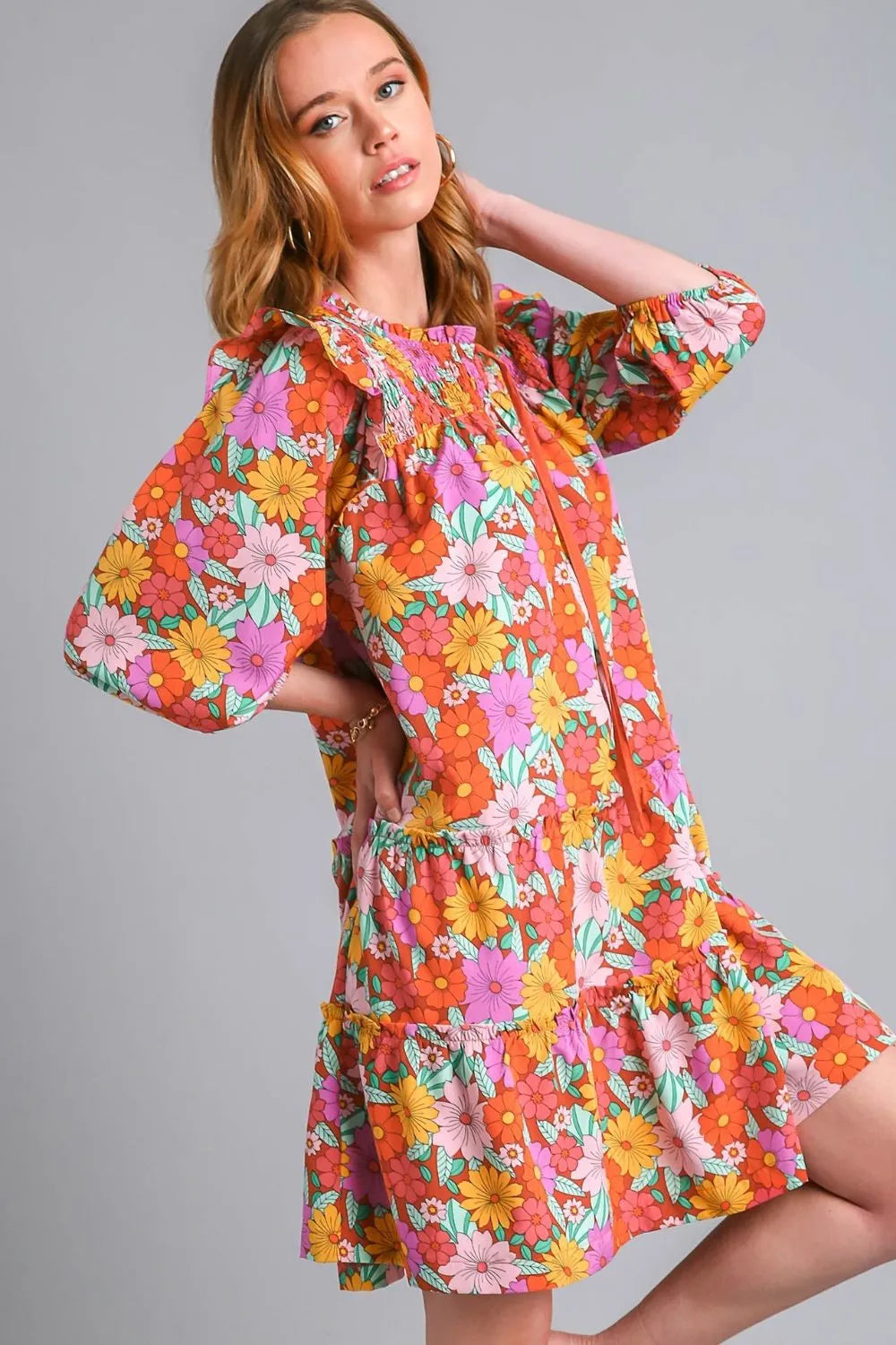 Umgee Full Size Ruffled Flower Print Tie Neck Tiered Dress Plus Size - -