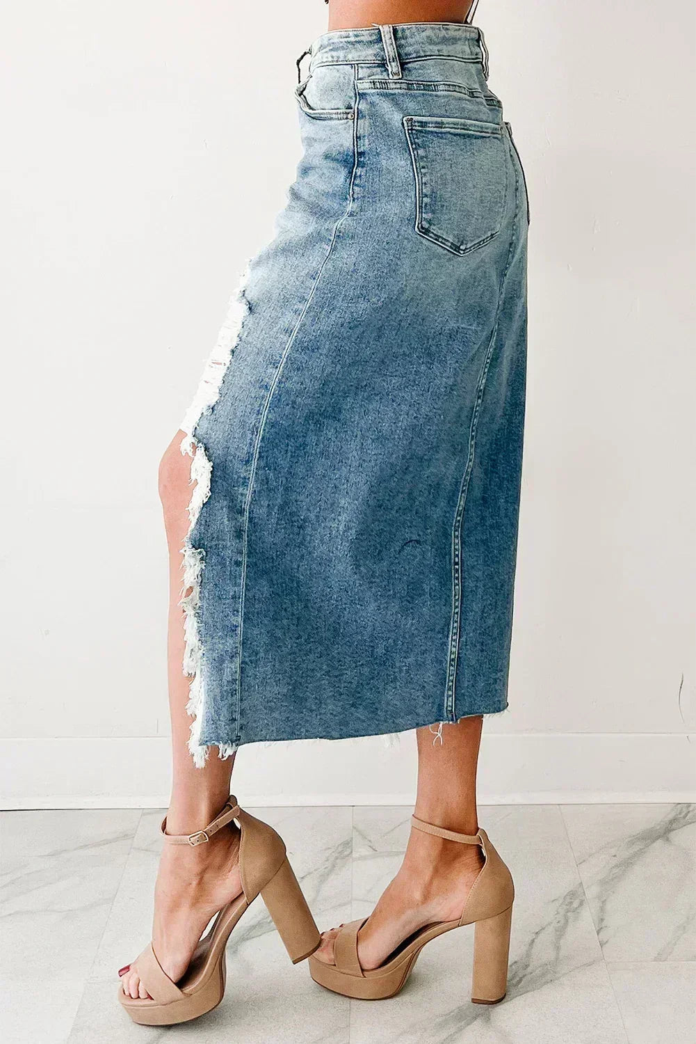 Myosotis Irregular Distressed Hem Denim Midi Skirt - Femstylo- Femstylo- {{Product type}}