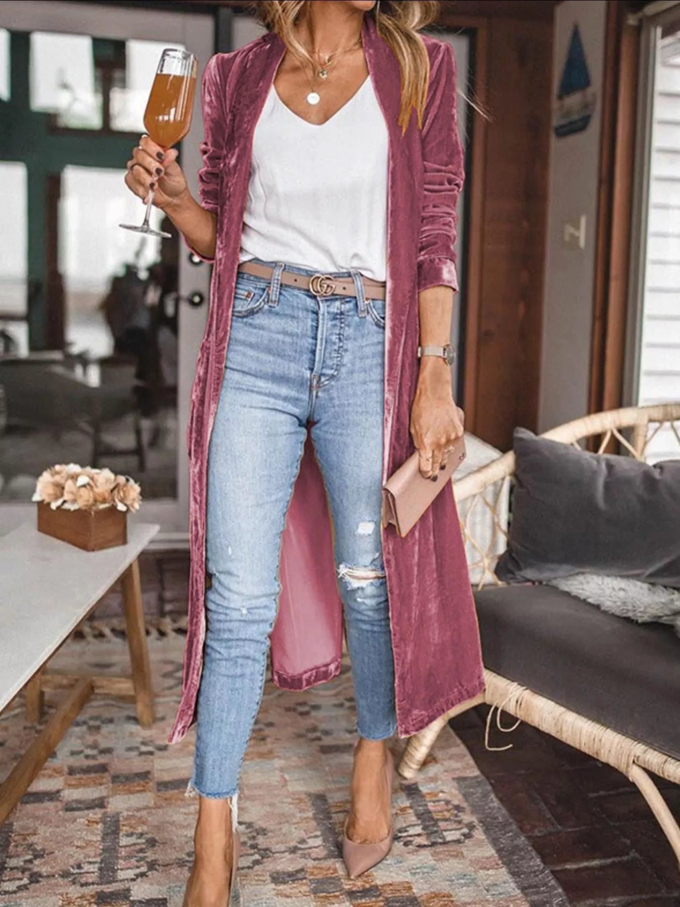Open Front Long Sleeve Longline Cardigan - Cerise -