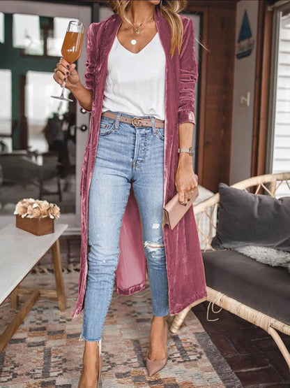 Open Front Long Sleeve Longline Cardigan - Cerise -